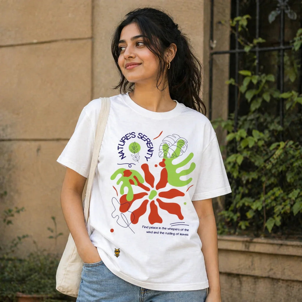 Woman wearing an oversized white t-shirt with colorful abstract nature print and text outdoors