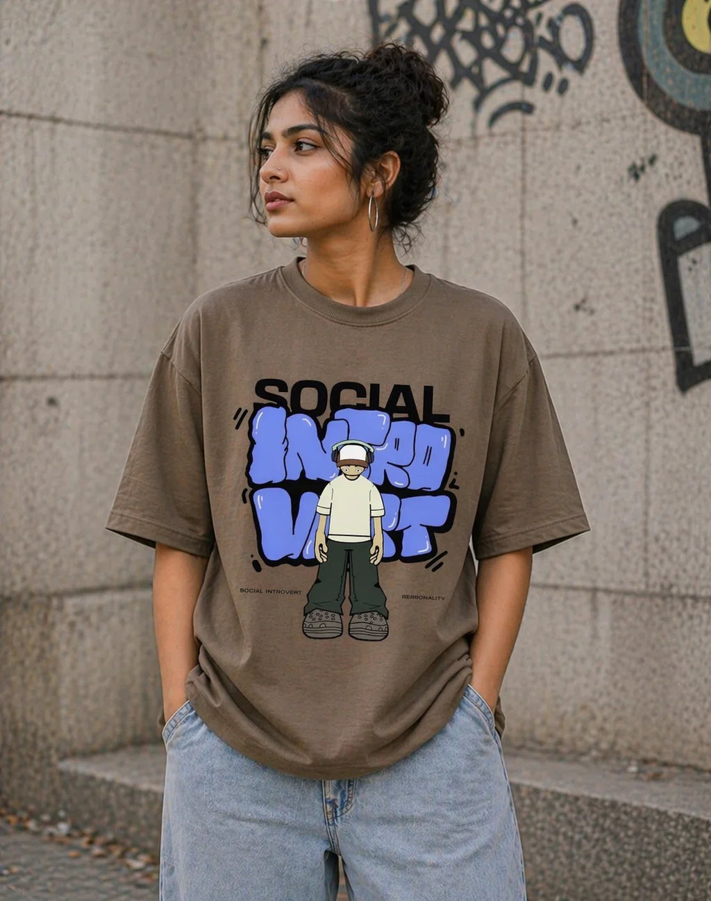 Woman wearing oversized brown anime graphic t-shirt with 'Social Introvert' text outdoors
