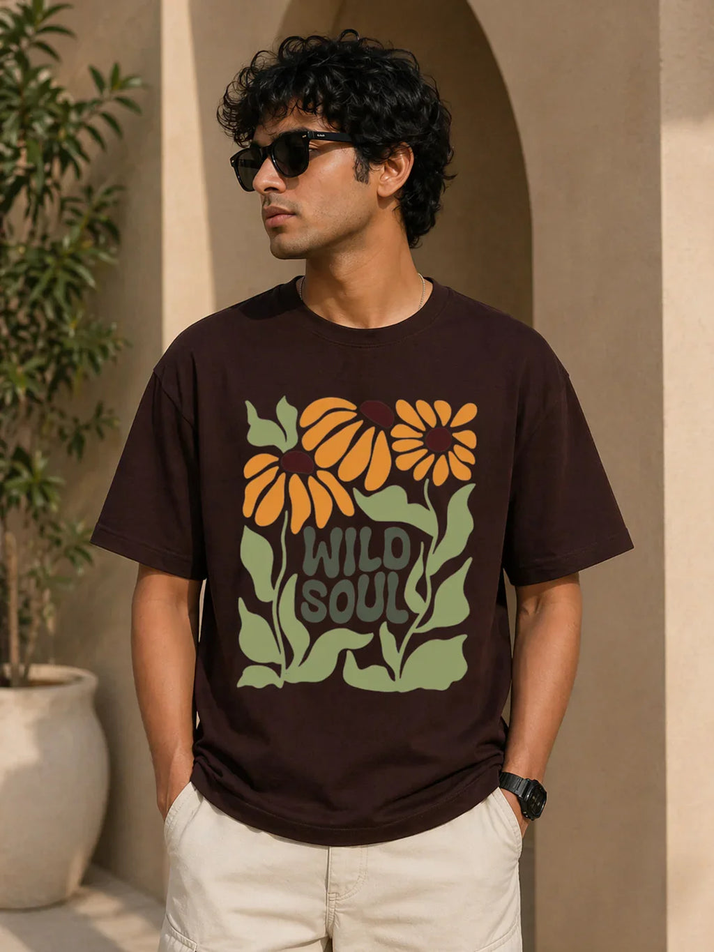 Man wearing dark brown oversized t-shirt with 'Wild Soul' floral graphic print, ideal for casual streetwear style.