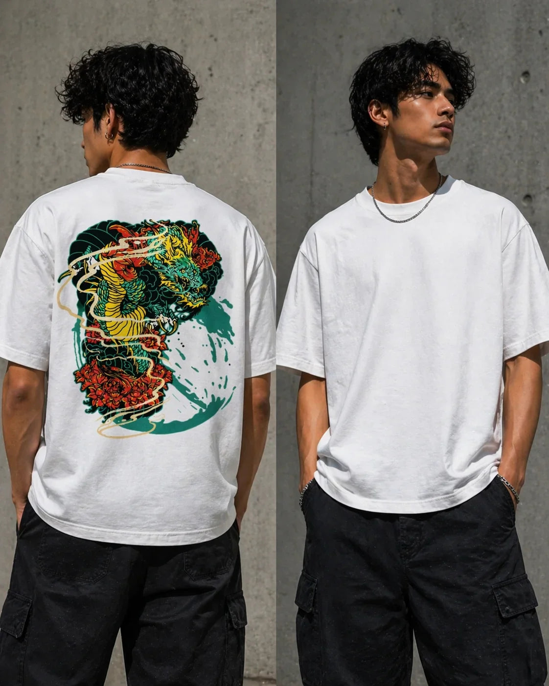 White oversized t-shirt with vibrant dragon print, front and back view, streetwear style