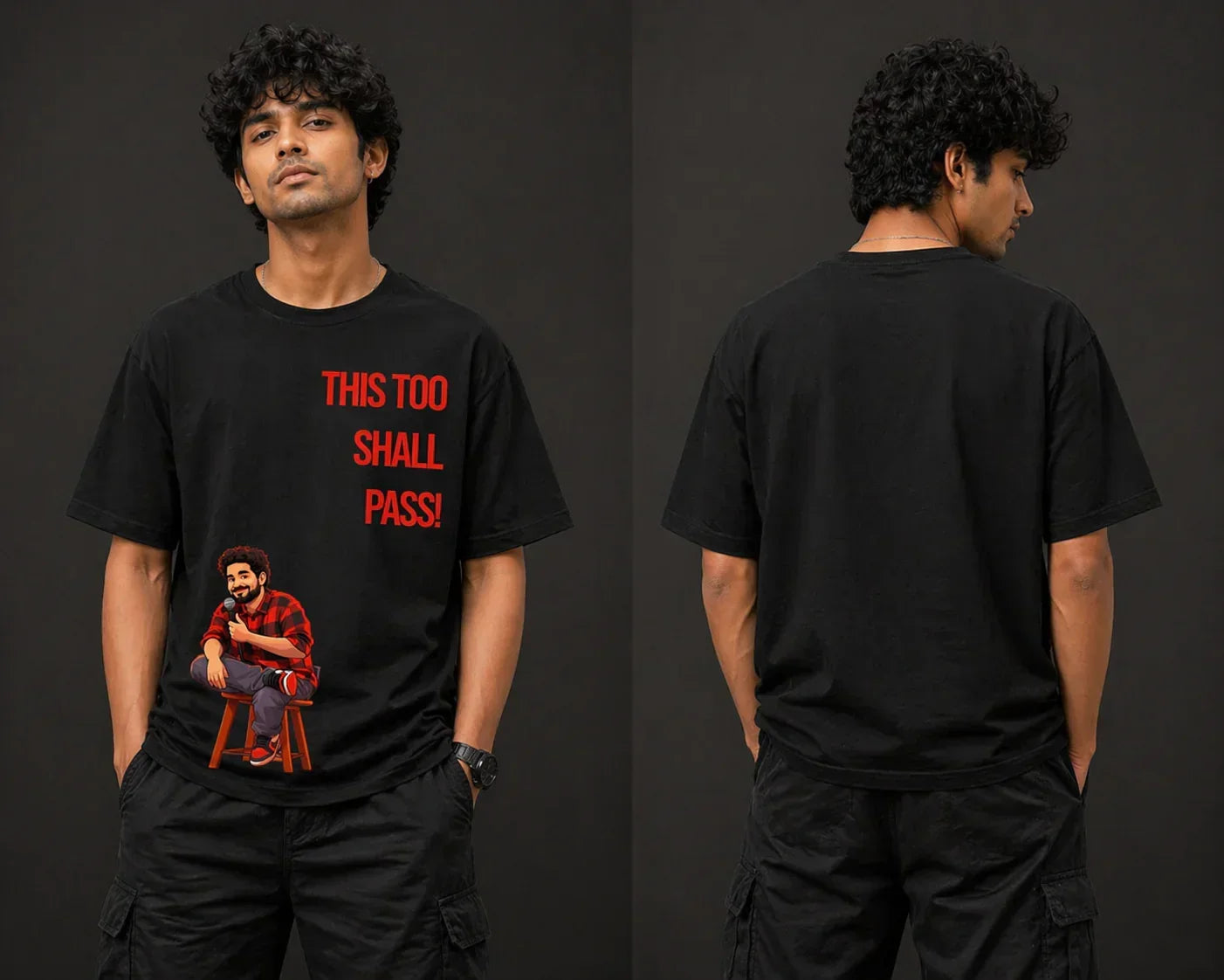 Black oversized t-shirt with 'This Too Shall Pass' quote and cartoon graphic, front and back view