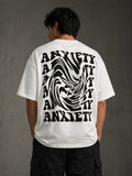 White oversized t-shirt with bold 'ANXIETY' graphic print, stylish streetwear design