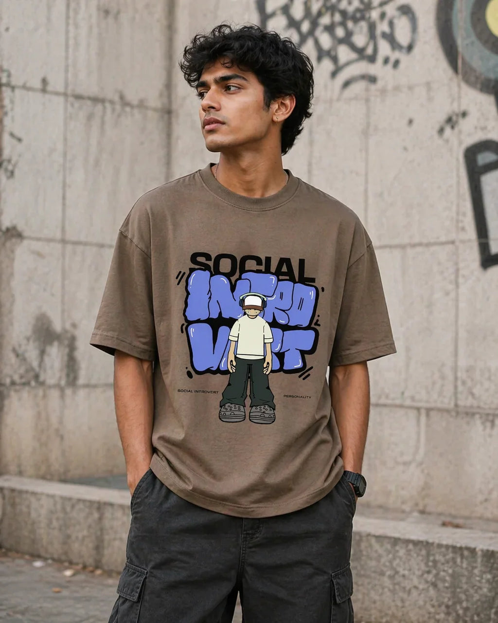 Man wearing oversized brown anime graphic t-shirt with 'Social Introvert' print, urban wall background