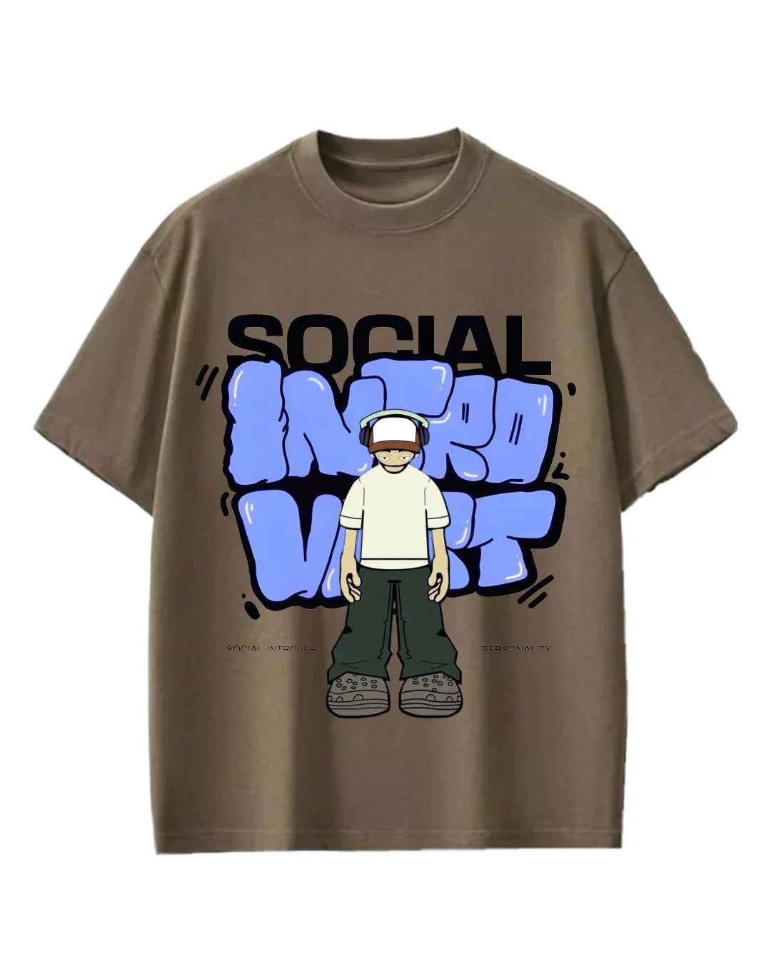 Brown oversized t-shirt with anime-style introvert graphic and cartoon character design