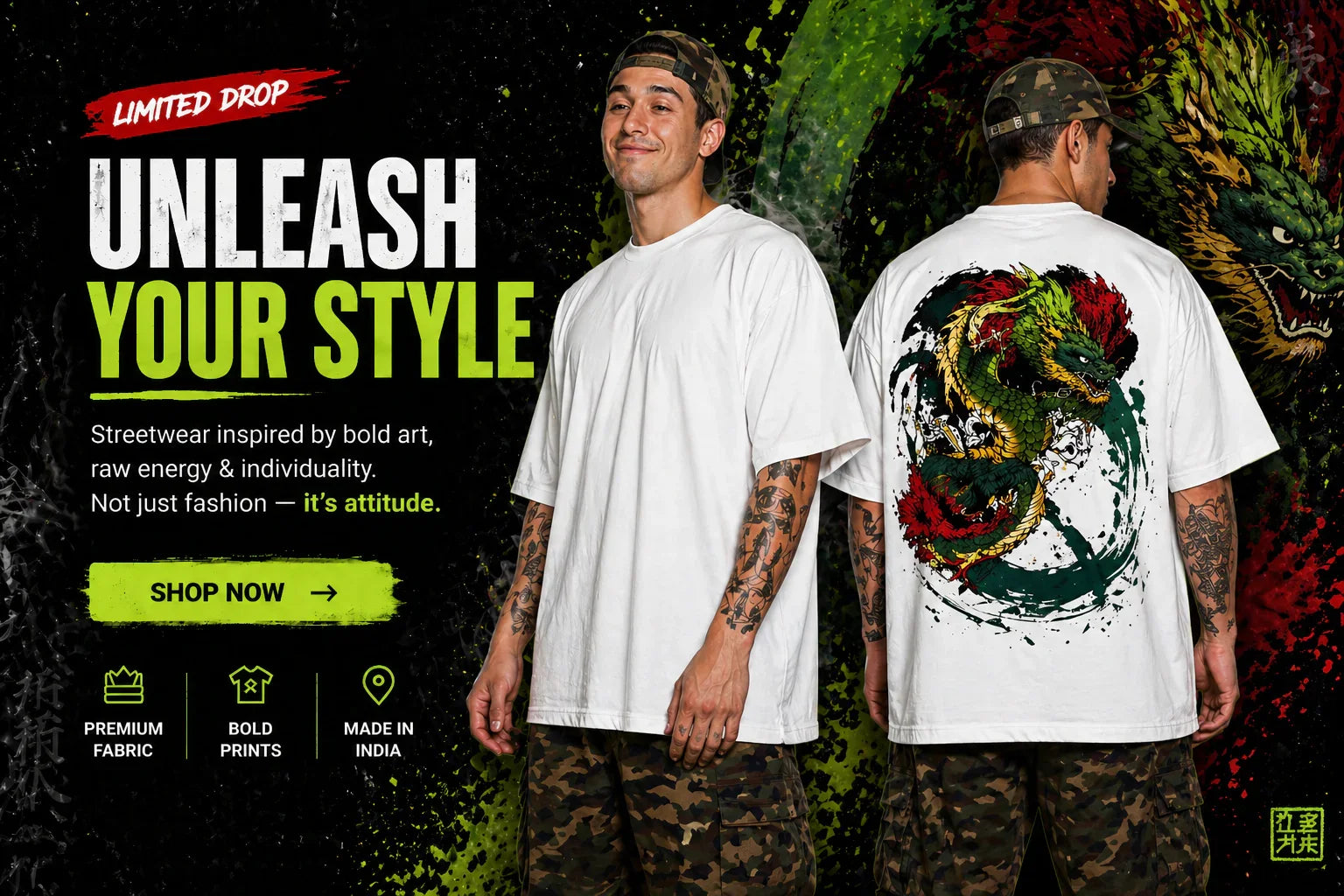 White oversized t-shirt with bold dragon graphic print, streetwear style, premium fabric, made in India