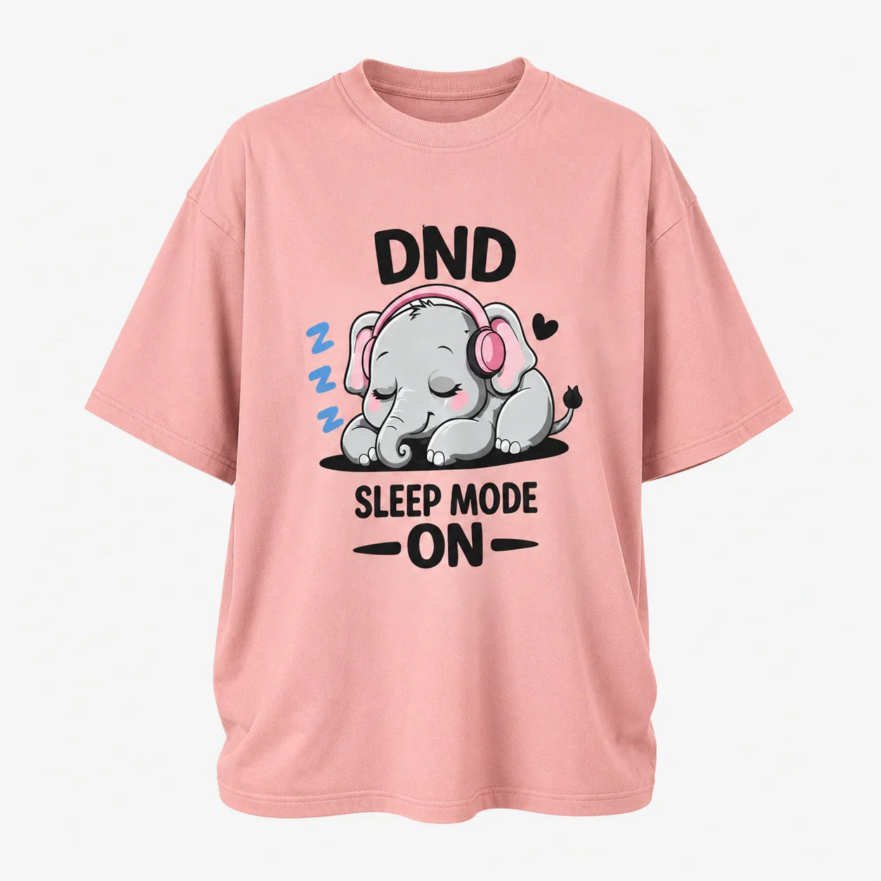 Pink oversized t-shirt with cute sleeping elephant graphic, 'DND Sleep Mode On' text, perfect for anime fans and casual wear.