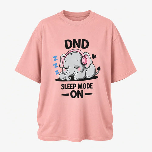 Pink oversized t-shirt with cute sleeping elephant graphic, 'DND Sleep Mode On' text, perfect for anime fans and casual wear.