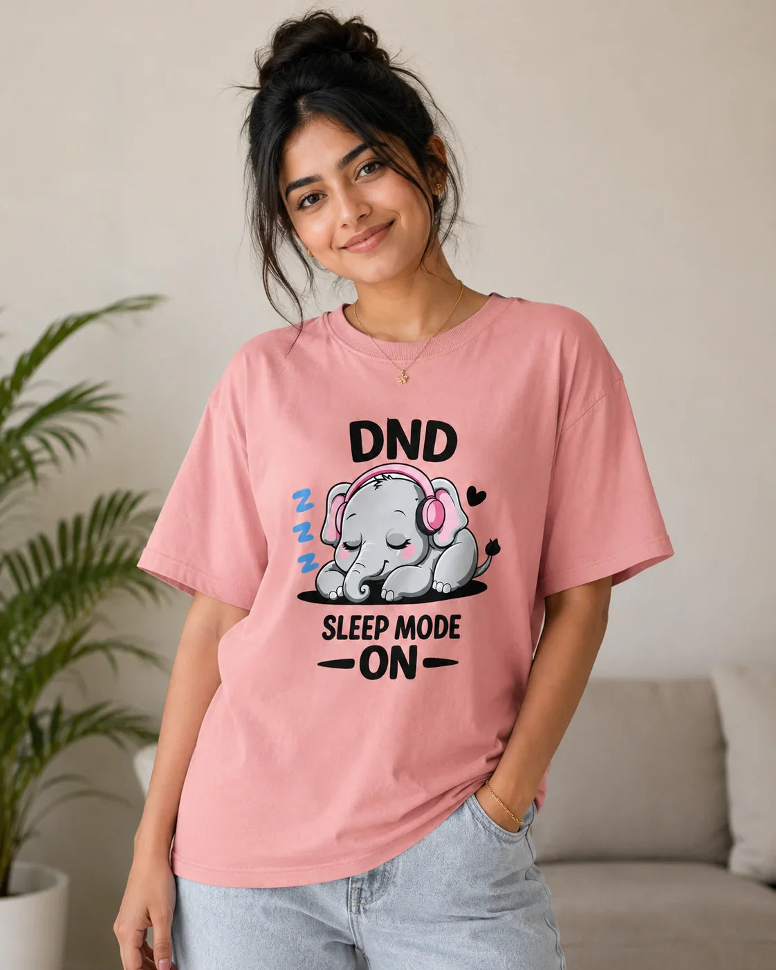 Pink oversized t-shirt with cute sleeping elephant graphic, 'DND Sleep Mode On' text, perfect for casual wear