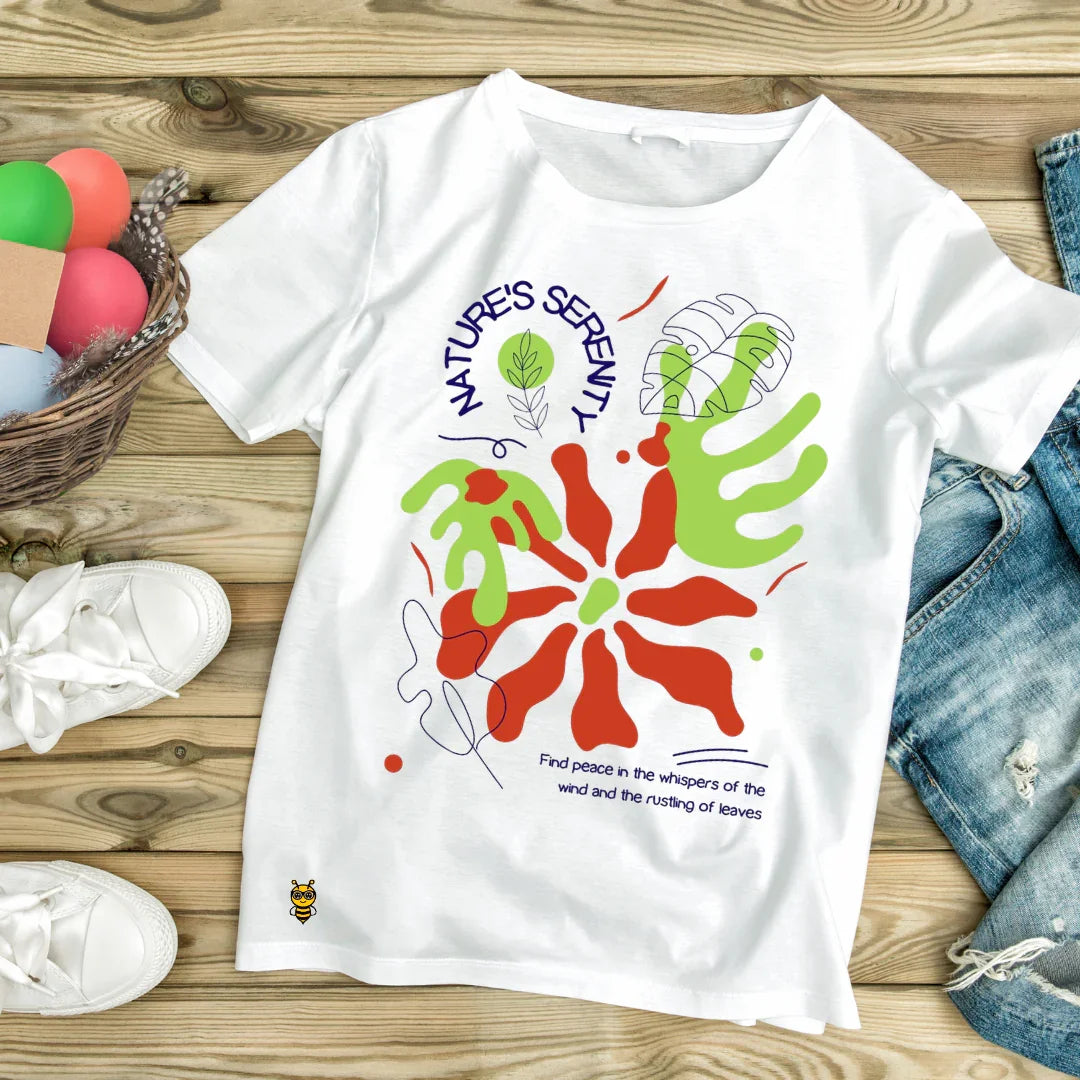 White oversized t-shirt with nature-inspired graphic, leaf illustrations, and 'Nature's Serenity' text