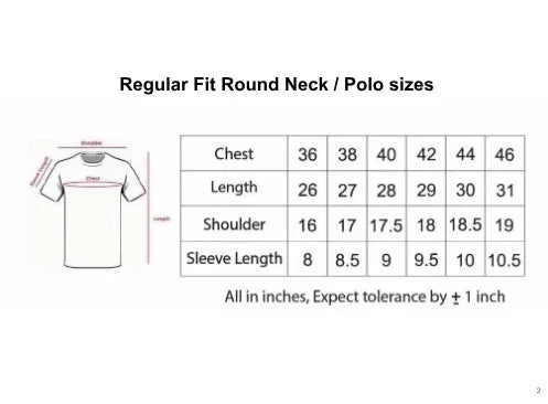 Regular fit t-shirt size chart with chest, length, shoulder, and sleeve measurements in inches.