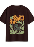 Brown oversized t-shirt with 'Wild Soul' floral graphic, perfect for anime tees & custom printed apparel