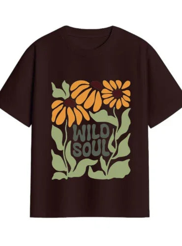 Brown oversized t-shirt with 'Wild Soul' floral graphic, perfect for anime tees & custom printed apparel