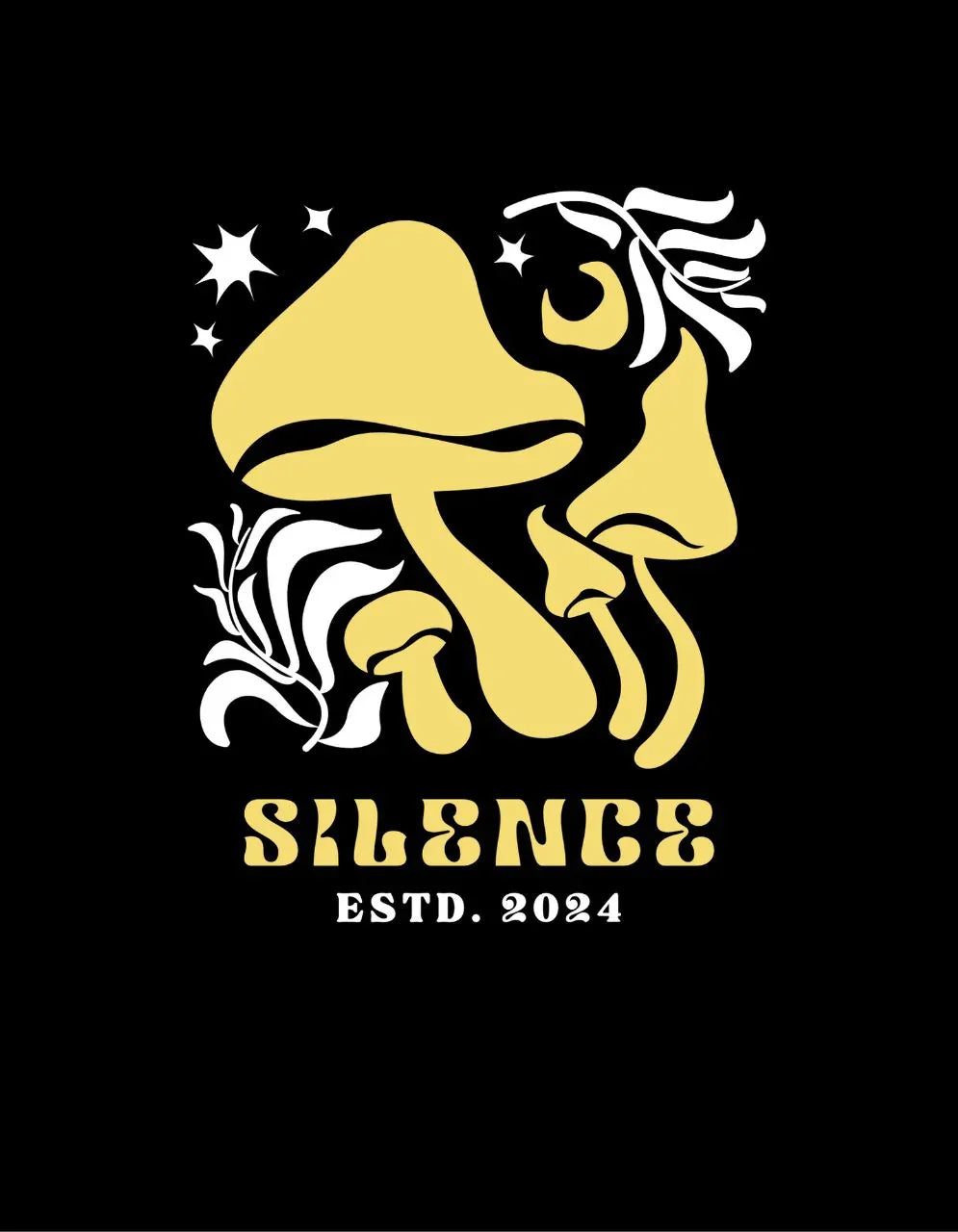Graphic yellow mushrooms and stars with 'Silence ESTD. 2024' text on black t-shirt design