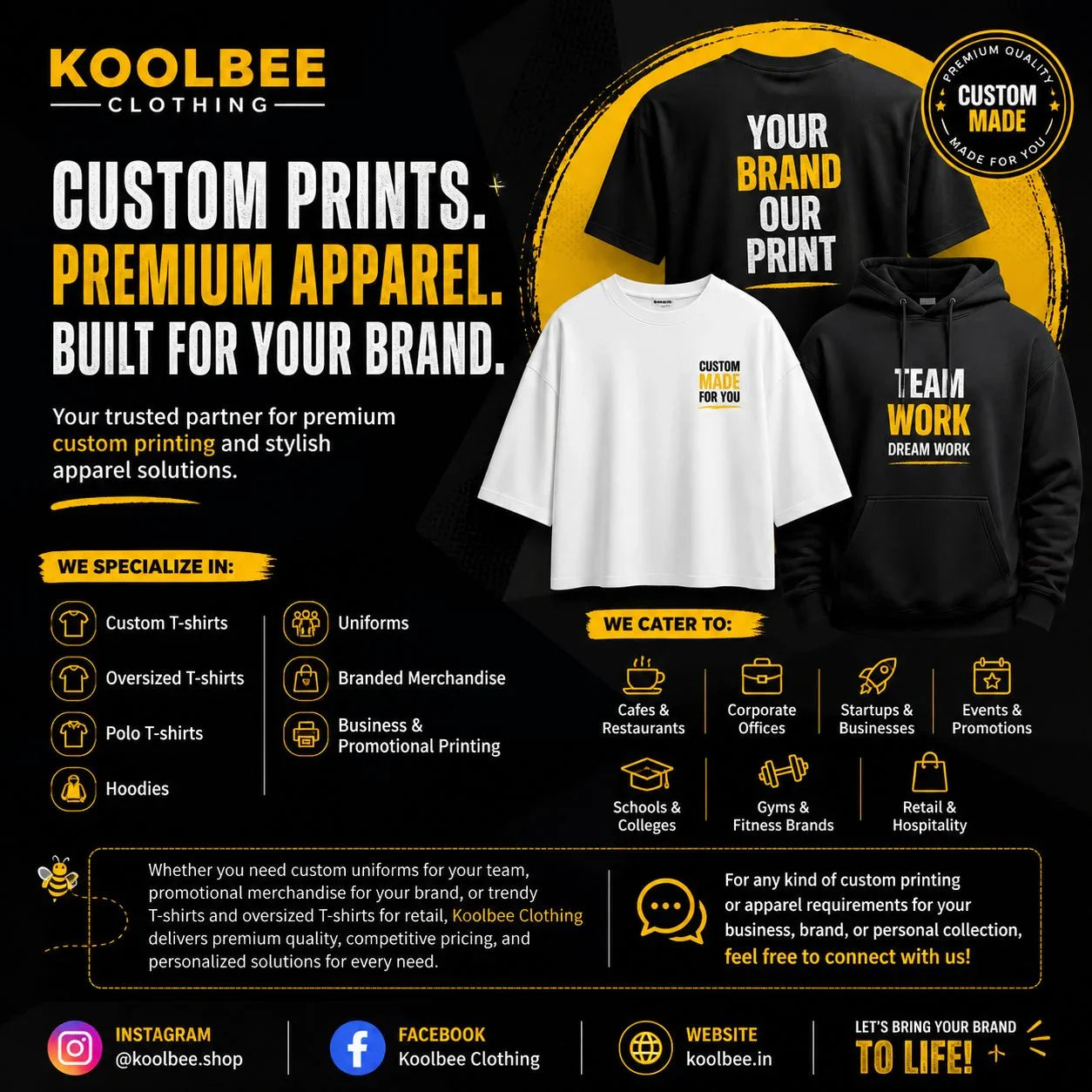 Custom printed apparel including oversized t-shirts and hoodies for branding and businesses